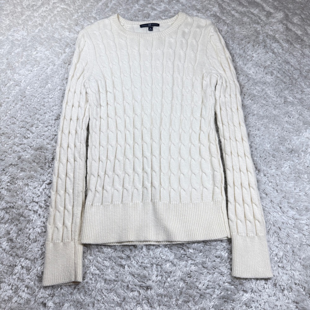 GAP Sweater Women's Medium Ivory Cable Knit Angora Rabbit Blend Crew Clean Girl